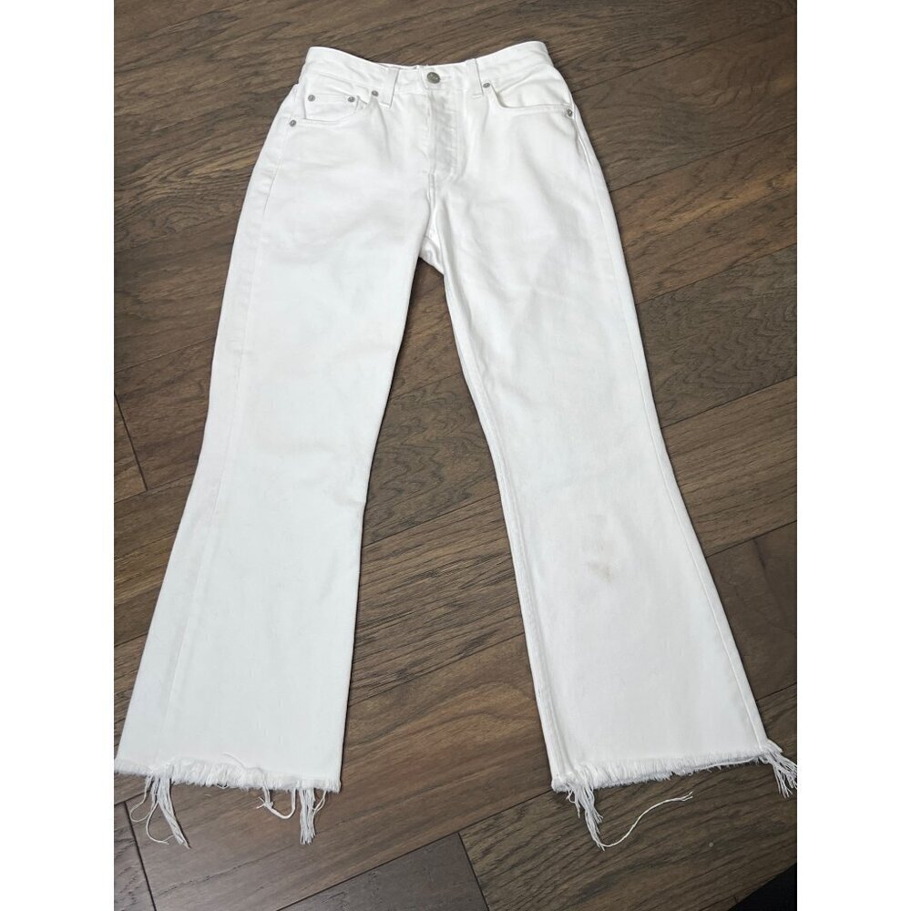 REFORMATION Mid-Rise Crop Flare Jeans White Raw Hem Button Fly Sz 24 LY015